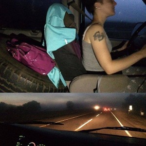043 - It's that magical hour. Night blends into day. Oh fun story! Murdock crawls out of the van and says "um, where's our spare tire?" Luckily it only took a roll a little ways down the road. So until we can remount it, our spare tire gets a seat behind Andreka