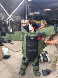 050 - Andreka trying on the bomb disposal suit — in Djibouti, Djibouti.