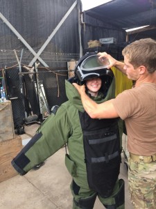 052 - Andreka trying on the bomb disposal suit — in Djibouti, Djibouti.